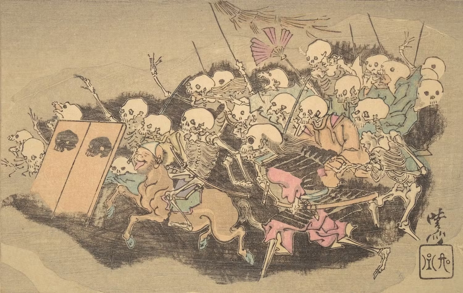 Skeleton soldiers, a horse with the head of a man, and other monsters advance in the growing darkness.